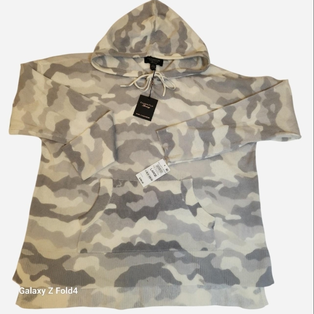Charter Club Neutral Gray & Cream Camo‎ Cashmere Hoodie